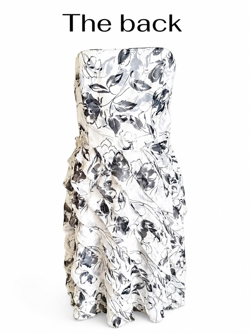 White House Black Market Strapless Black White Floral Chiffon Ruffle Dress Sz 8 - Picture 5 of 8